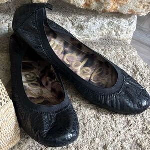 SAM EDELMAN Black Elastic Snake Embossed Leather Ballet Flats 8
